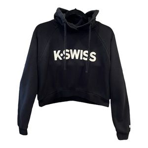 K-Swiss, Girls Pullover, Crop Hoodie. Black and White Logo Sweatshirt.